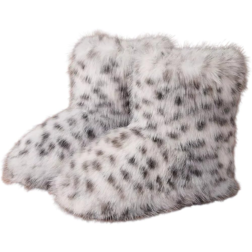 Baokuan Women Furry Boot Fluffy Calf Snow Boots Round Toe Suede Comfy Warm Flat Shoes Winter for Girl
