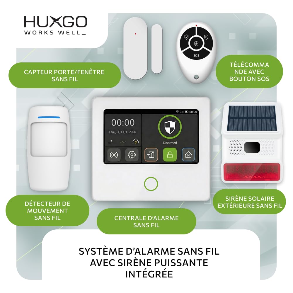 HXA502 Kit Alarme sans Fil WiFi + GSM 4G | Système d’Alarme avec Sirène Solaire, 5X Détecteurs PIR, 5X Capteurs d’Ouverture | Idéal pour Habitation & Garage, Kit de Sécurité Connecté