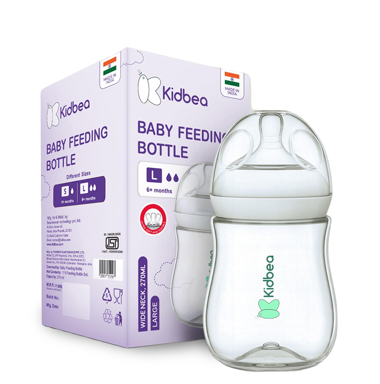Kidbea® Natural Baby Feeding Bottle 150 ML | Wide Neck, Soft Silicone Nipple, BPA-Free, Leak-Proof, Ideal for Newborn & Infant Babies (Pack of 1)