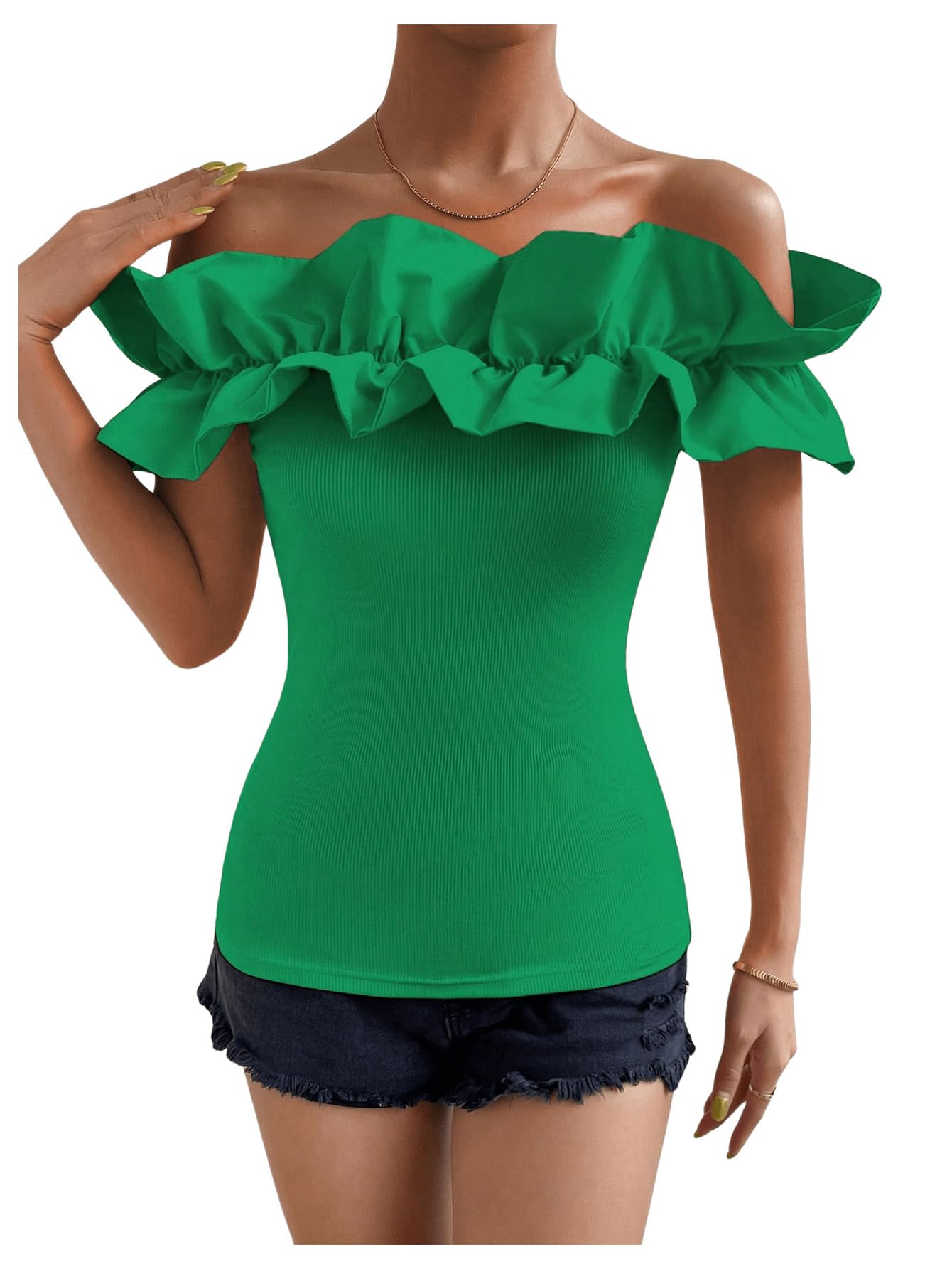 OYOANGLE Women's Ruffle Trim Off Shoulder Short Sleeve Blouse Party Tops Shirt
