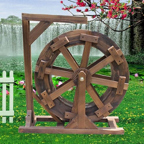 Rustykalna drewniana fontanna z kołem wodnym na świeżym powietrzu, naturalna dekoracja stawu kaskadowego do ogrodu, na patio, spinningowy ornament