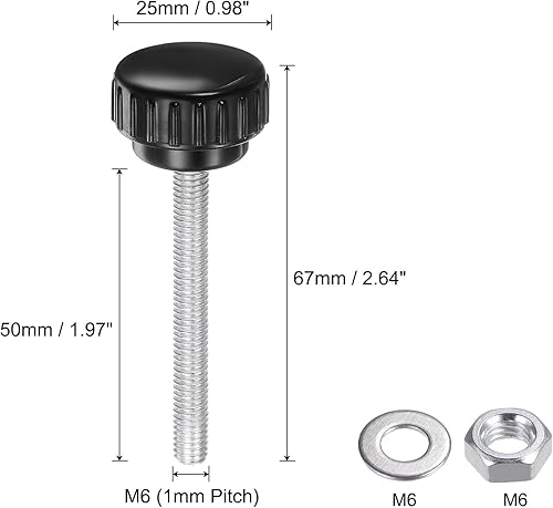 Miniatura 52 de uxcell Juego de 4 perillas moleteadas, tornillos de pulgar con tuercas y arandelas, rosca macho métrica M6 x 1.378 in, cabeza de plástico de 0.984