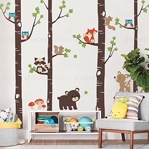 Image of Simple Shapes Birch Trees with Cute Forest Animals Wall Decal - Scheme A - 108" (274 cm) Tall Trees
