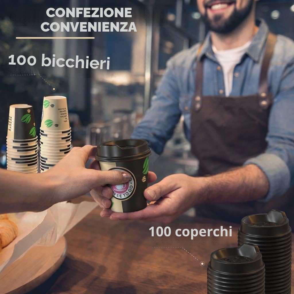 CupCup 100 Bicchieri Carta per Prendere il Caffè - Tazza con Coperchio di 8 Oncia per il Prendere il Caffè, il Tè, le Bevande Calde e Fredde