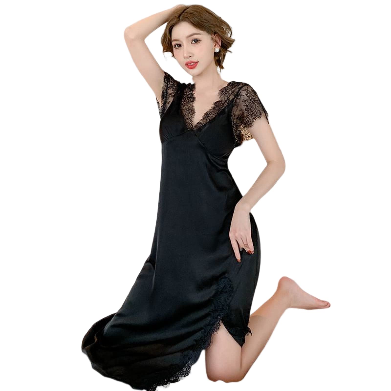 YAROVA Damen Nachthemden - Sommer Satin Spitze Damen Nachthemd Split Sexy V-Ausschnitt Kurzarm Nachthemd Sleepshirt Fashion Home Kleidung Loungewear Pyjama