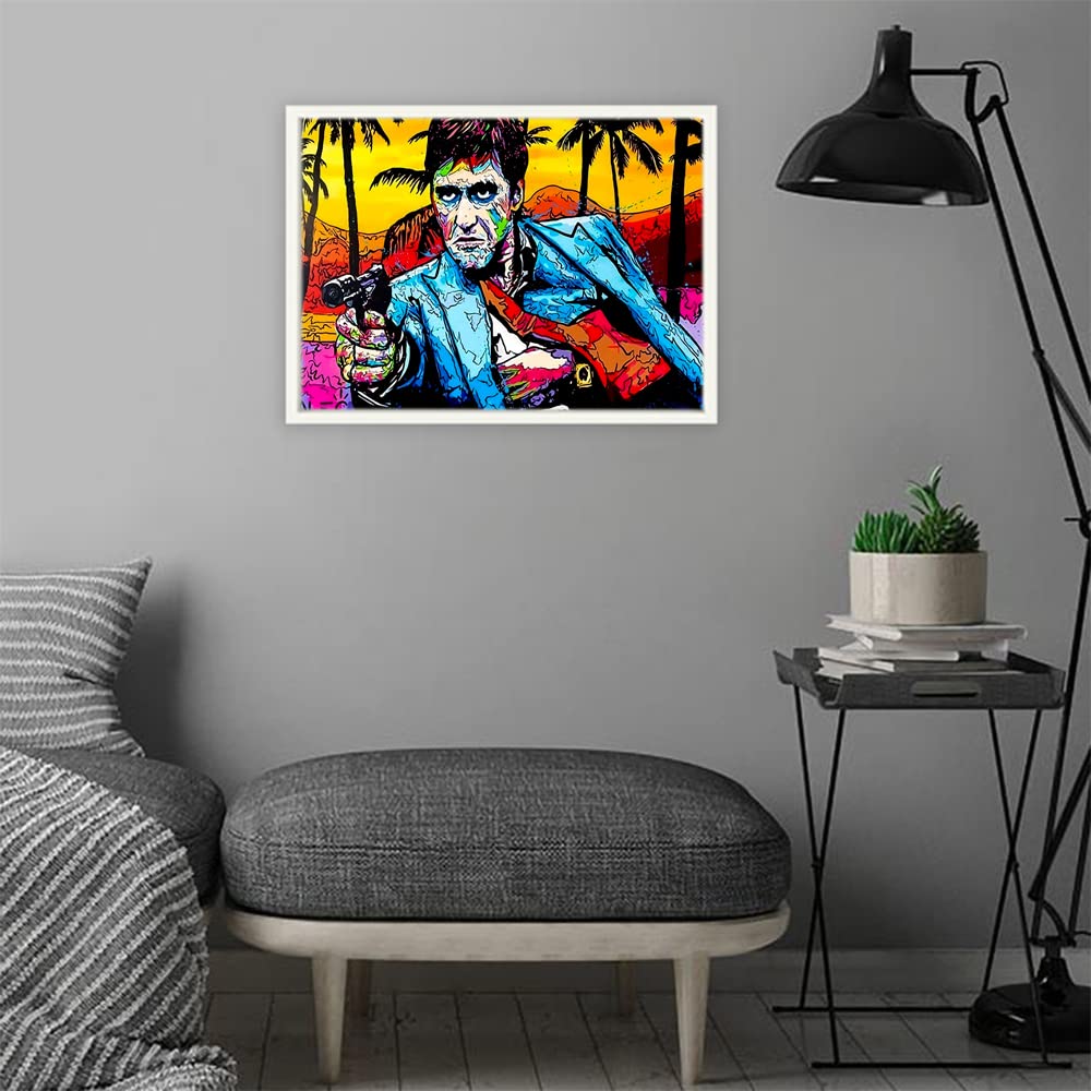 VERRE ART Designs Print White Floater Framed Canvas Wall Art Decoration Poster (22x14 Inch) - TONY MONTANA GRAFFITI