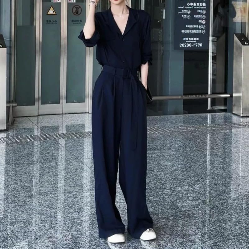 Women Summer Two Piece Set V Neck Shirt Straight Pants Casual Work Outfit