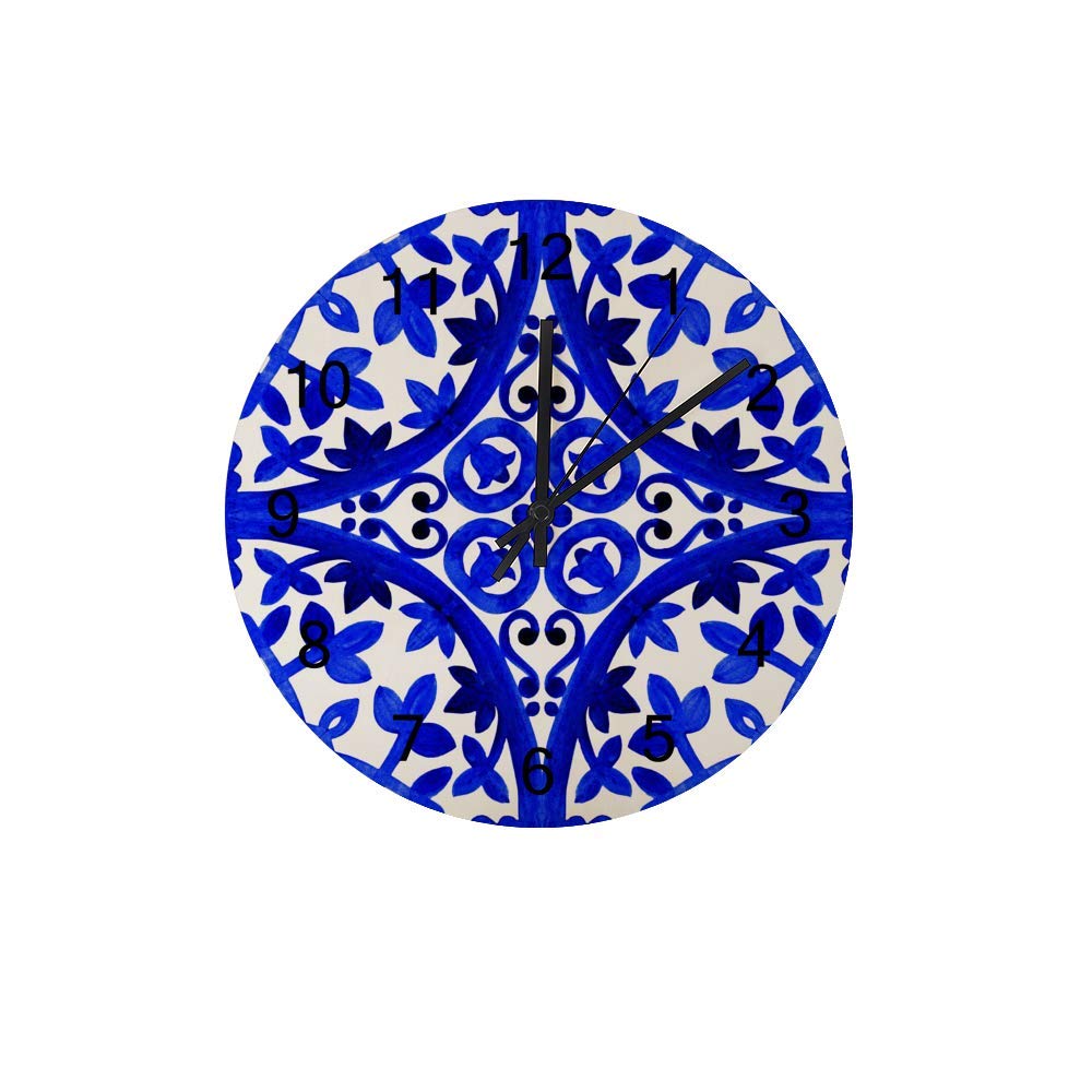 Horloge murale ronde bois style portugais bleu blanc pour décoration salon cuisine chambre bureau