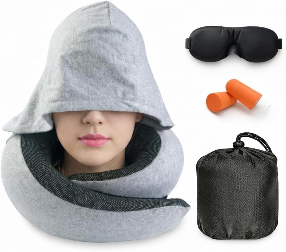 Oramo Travel Neck Pillow Hooded Memory Foam for Airplane & Sleeping, Travel Pillow for Sleeping with Eye Mask & Ear Plugs, Great for Kids & Adults, Travel Accessories Carry Bag (Light Grey)