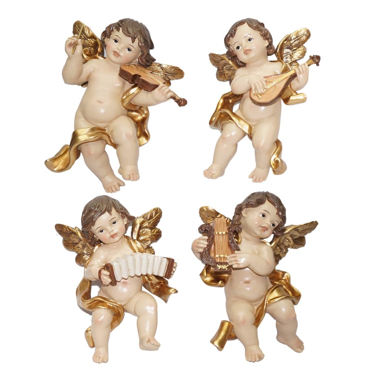 Set de 4 Figuras Decorativas Pared de Resina Angelitos con Instrumentos. Adornos y Esculturas. Decoración Hogar. Regalos Originales. 11,50 x 7 x 18 cm.