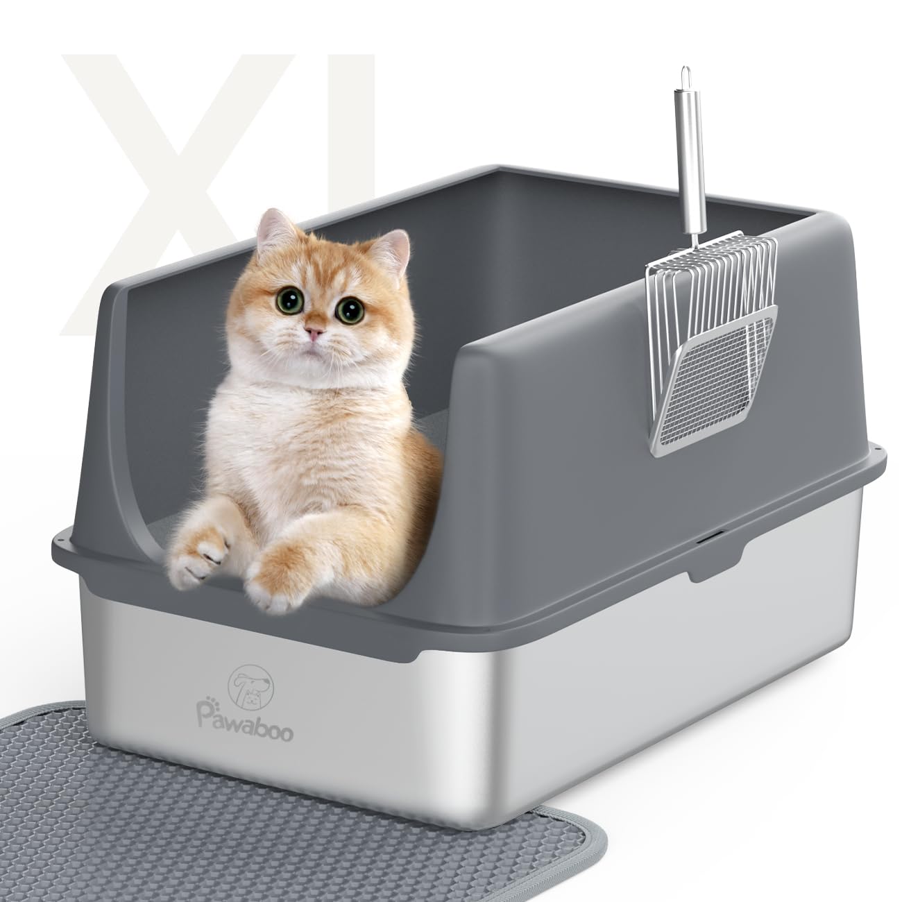 Pawaboo Stainless Steel Cat Litter Box with Lid, Larger Metal Litter Box Cat Litter Pan Include Scoop and Cat Litter Mat, High Sided Pet Toilet Supplies, Easy to Clean, 24''x16''x13''