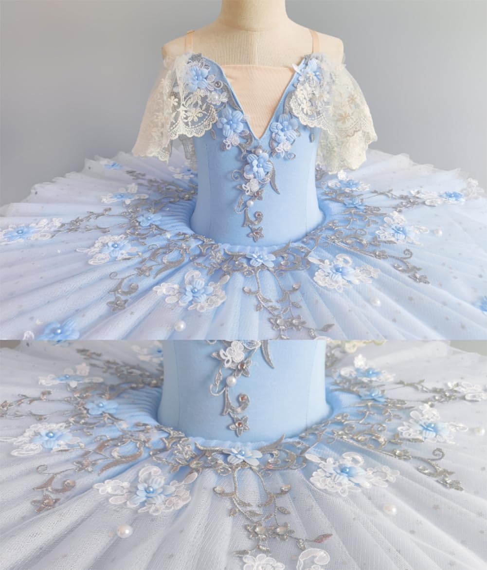 Leotardo de Ballet para niñas, Manga Corta Encaje Bordado Falda tutú de Tul Traje de competición de Danza del Lago de los Cisnes