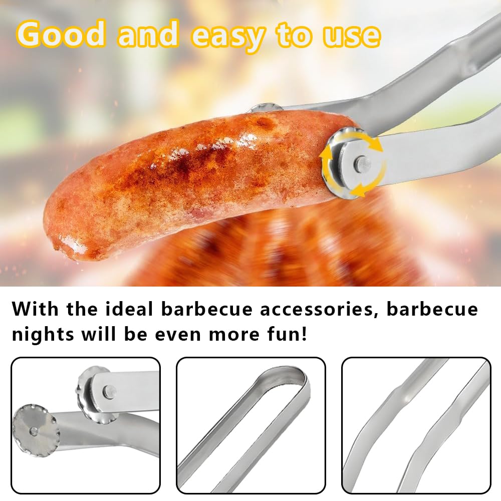 Pince Retourne Saucisse,2 Stück BBQ Würstchen Wendezange,Pince Barbecue Grill Up,Pince Barbecue Longue,Pince Barbecue Roulette,Pince à Grillade Roulette,Pince à Retourner les Saucisse BBQ