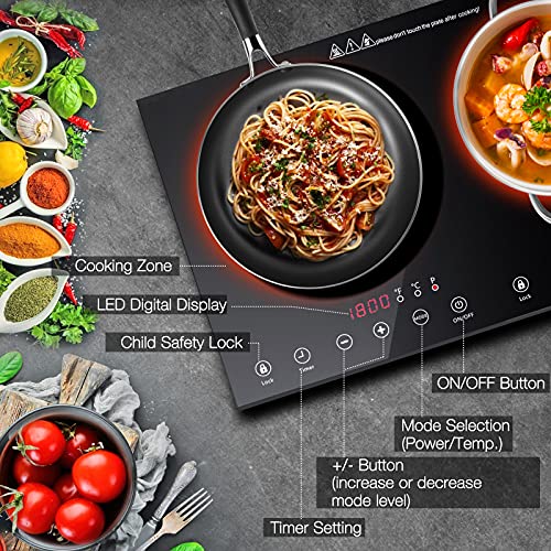 Double Induction Cooktop, 1800W Electric Cooktop with 2 Burner, Portable Countertop Burner with LED Sensor Touch Screen, 17 Power Levels 21 Temperature Setting Child Safety Lock, 3 Hours Timer - Image 3