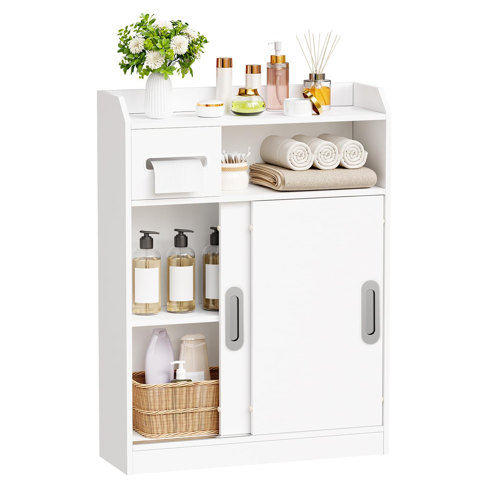 BEWISHOME Badezimmerschrank mit Toilettenpapierhalter,Versenkten Griffen | Badschrank Schmal mit Schiebetüren und Verstellbare Trennwand,Nischenschrank Platzsparend für Badezimmer,20x60x80cm,Weiß