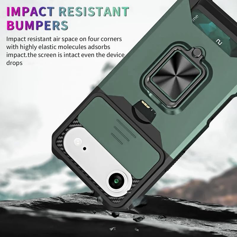 Image of LuxuryKase Shockproof Armor Case for iPhone Air | Slide Camera Cover | Hidden Card Slot | Rotating Ring Kickstand | Magnetic Car Mount Support | Military Grade Protection - Green