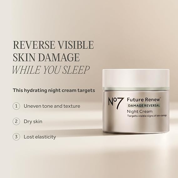 No7 Future Renew Damage Reversal Night Cream - Anti Aging Face Moisturizer - Infused with Peptide Technology to Reverse Visible Signs of Damage - Skin Barrier Repair for Dry Skin (1.69 Oz)