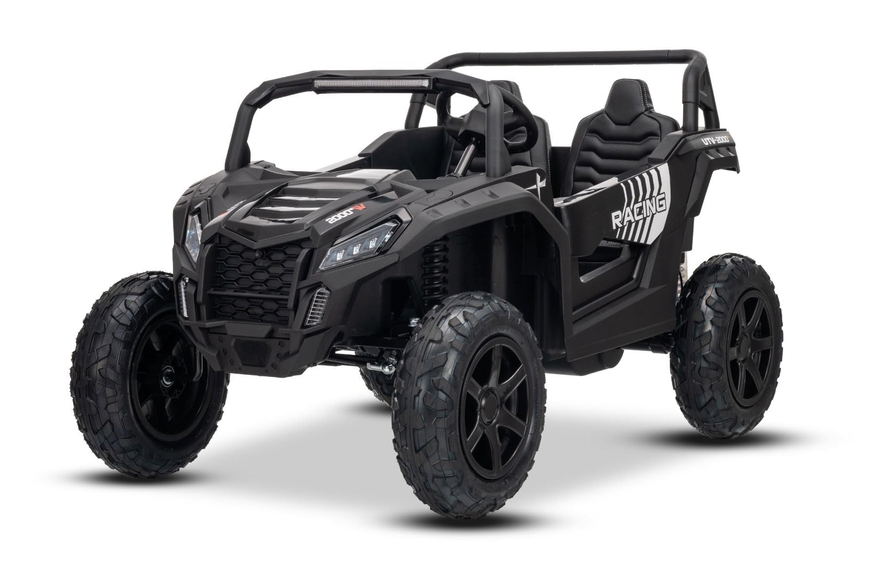 UTV XXL 24V elektryczny samochód dziecięcy, czarny, dwumiejscowy, silnik różnicowy, nadmuchiwane gumowe koła, zawieszenie tylne, hamulec tarczowy, wyściełane siedzenie, regulowana kierownica