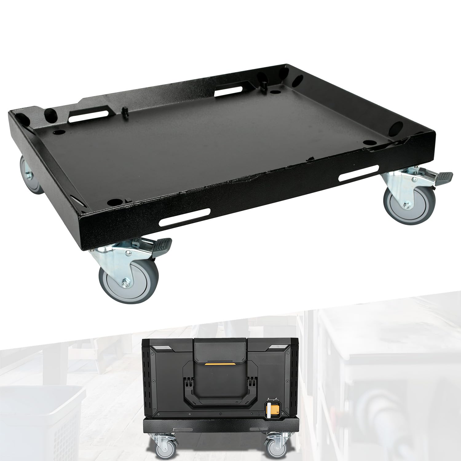 DITKOK Heavy Duty Metal Tool Box Dolly for ToughBuilt StackTech, Metal Rolling Utility Cart for ToughBuilt Toolbox, Black Tool Box Cart with Lockable