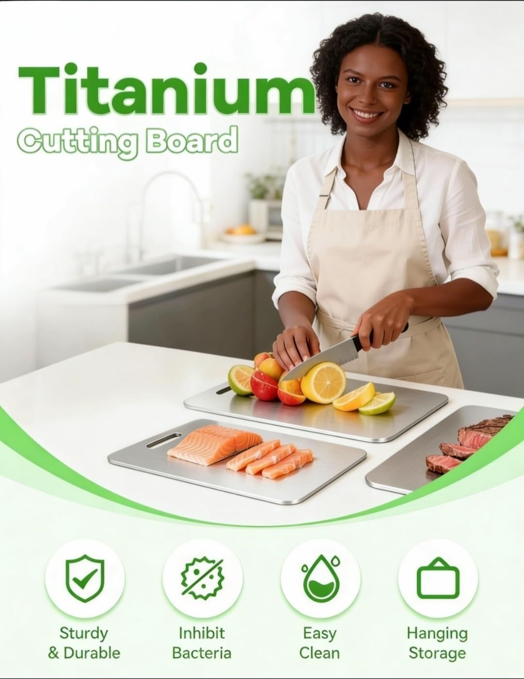 Titanium Cutting Board Set Double Sided, Food Grade Titanium Cutting with Handle, Knife Friendly Surface for Kitchen, Camping Cutting Board for Meat Vegetables Fruits (3 PCS)(15.35*11.02in)