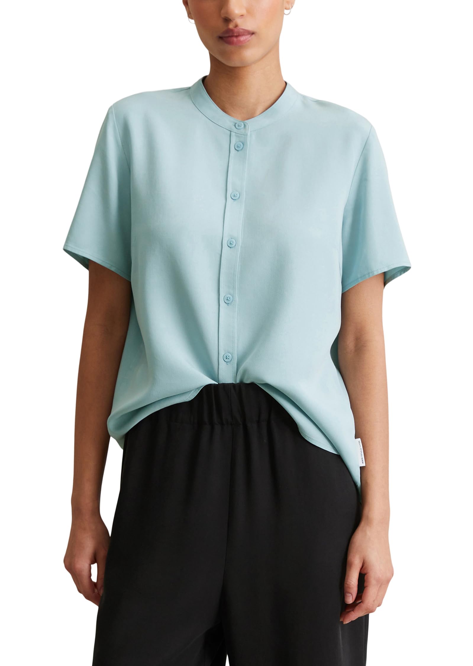 Marc OߴPolo Denim Women's Regular Fit Short Sleeve Blouse with Stand Collar, Blue (Blue Fog), L