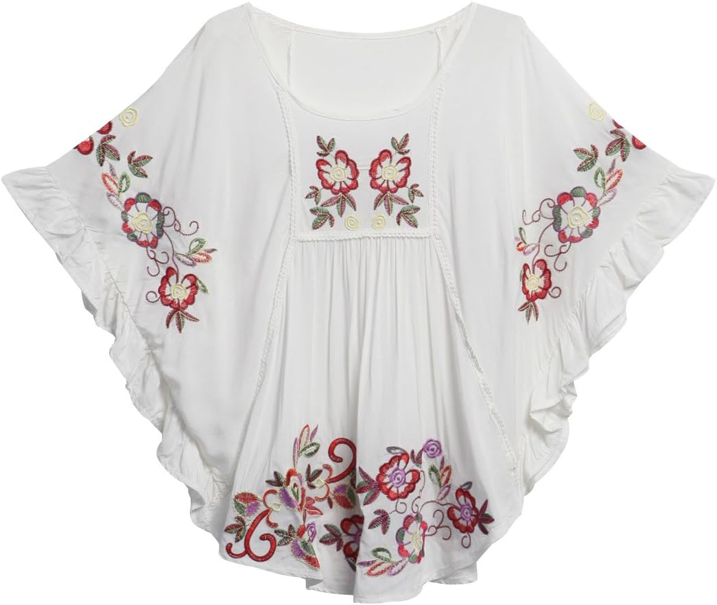 Women's Tops Embroidered Loose Peasant Mexican Blouse Shirt