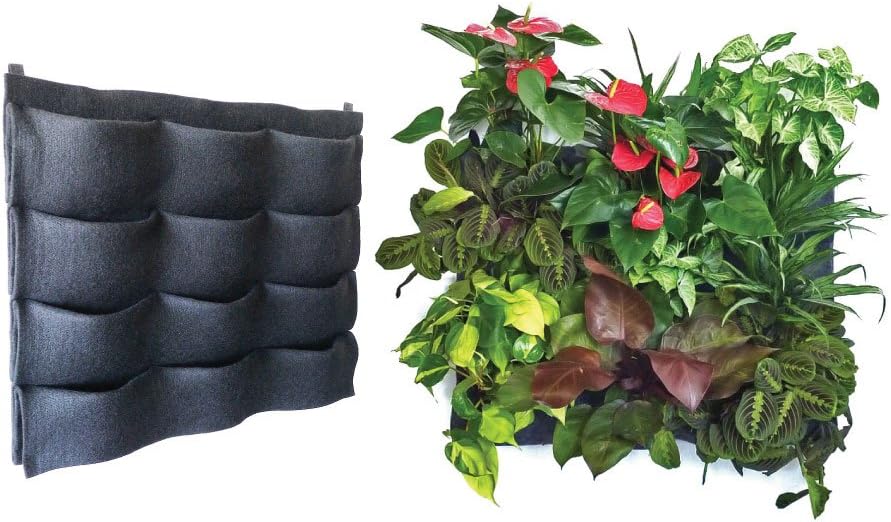 12-Pocket Living Wall Planting Modular Vertical Garden System - Rigid Waterproof Panel Kit Includes Water Wicking Root Wraps & Easy Hanging Tabs