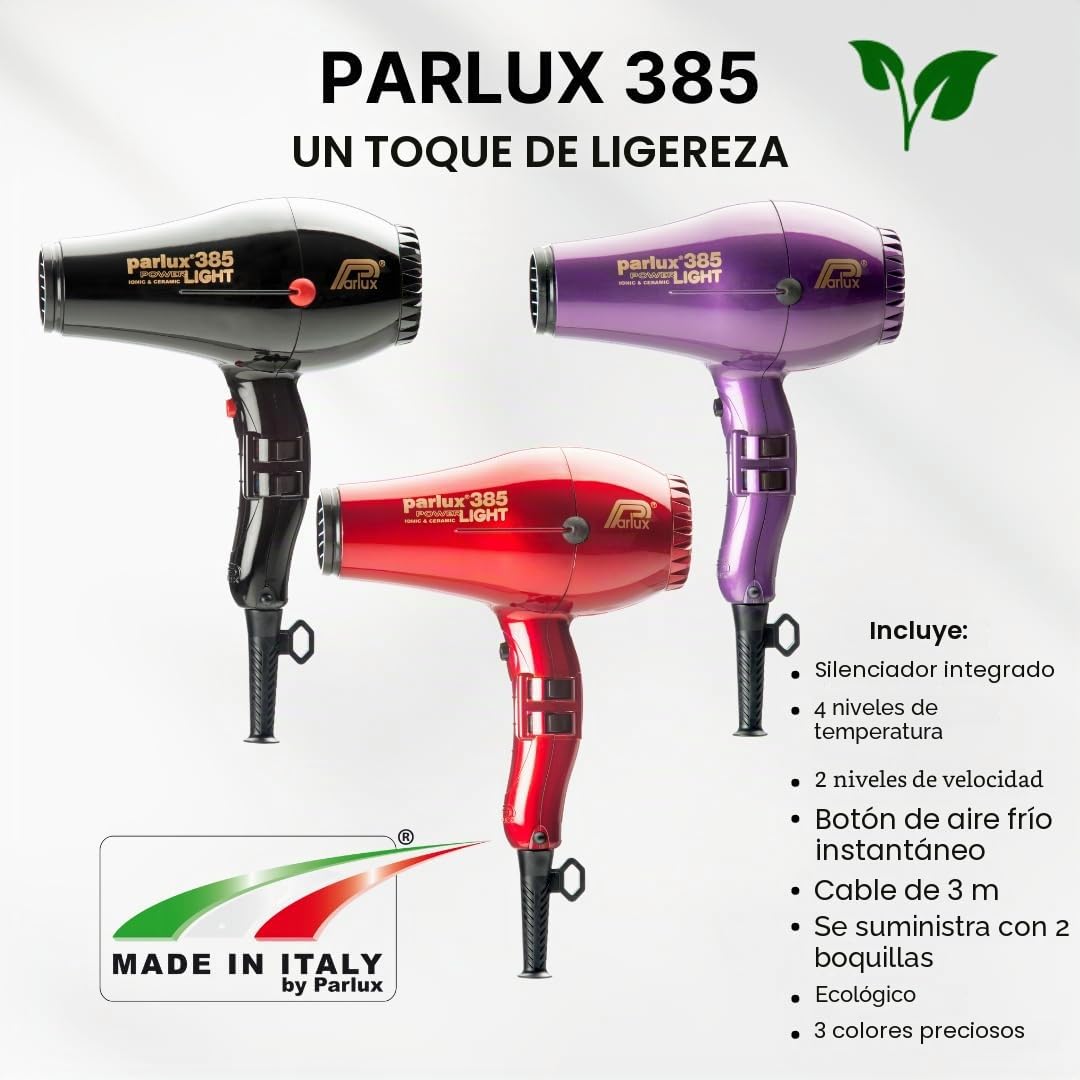Parlux Powerlight 385 - Secador de pelo en color negro, 2150 W, potentes y ligeros, accesorios para el cabello para un secado y peinado rápidos y fáciles, con silenciador integrado con tecnología