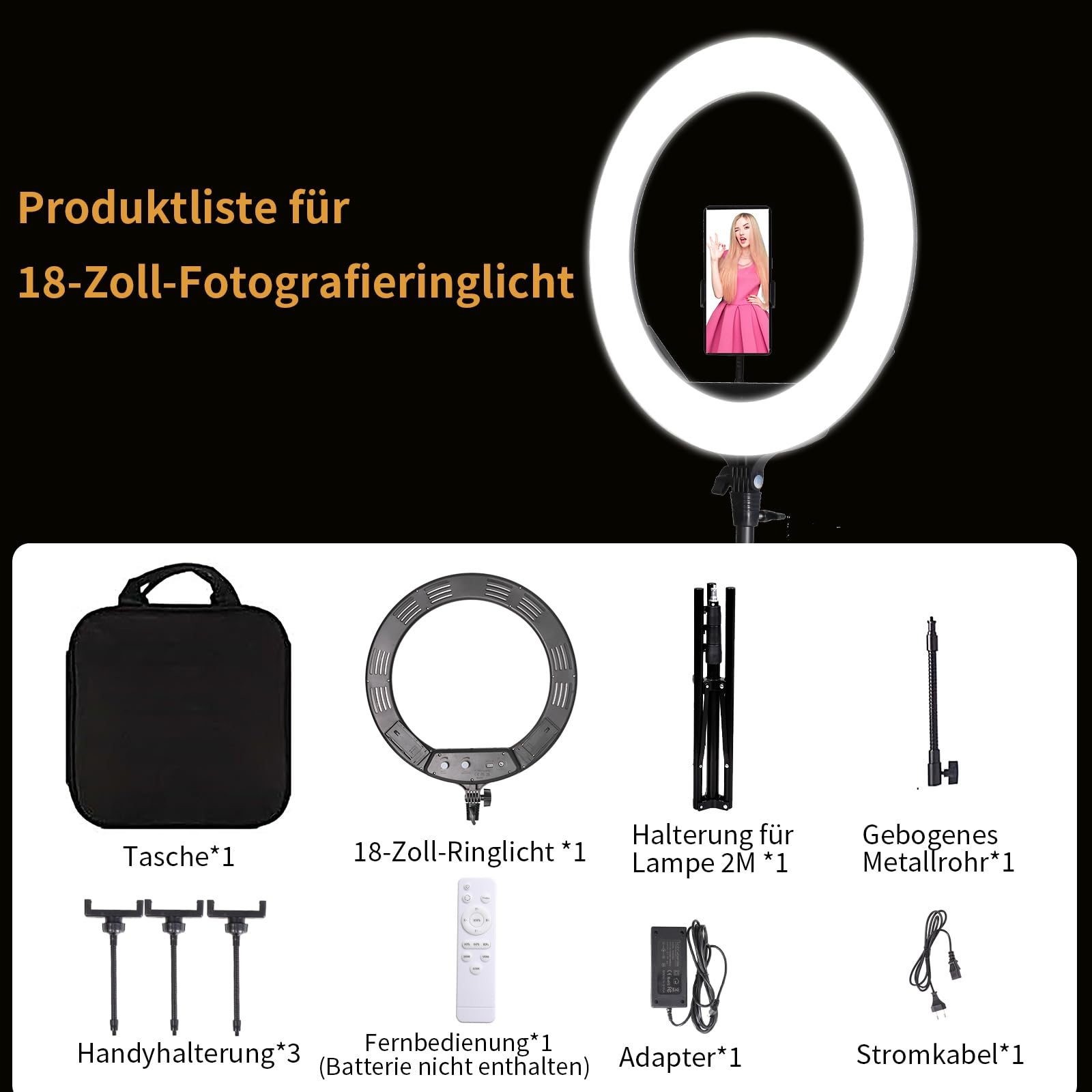 18 Zoll LED Ringlicht mit Stativ, 38 W 3200-5600K Dimmbare, für Beauty-Fotografie, YouTube TikTok, Make-up, Selfie, Porträt, Tattoo, Augenbrauen