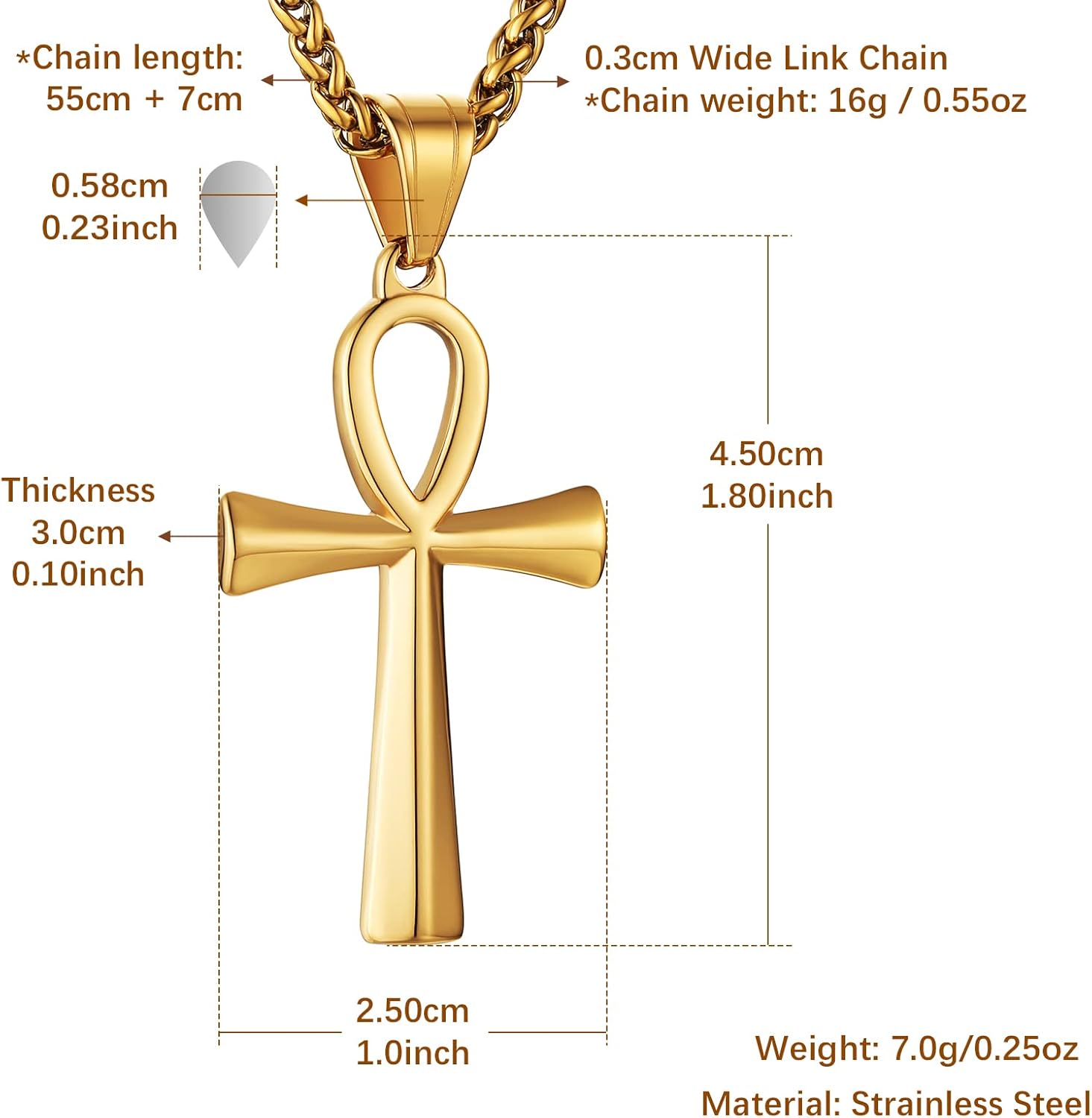 HZMAN Men's Stainless Steel Coptic Ankh Cross Religious Pendant Necklace, 22+2" Rope Chain - Image 6