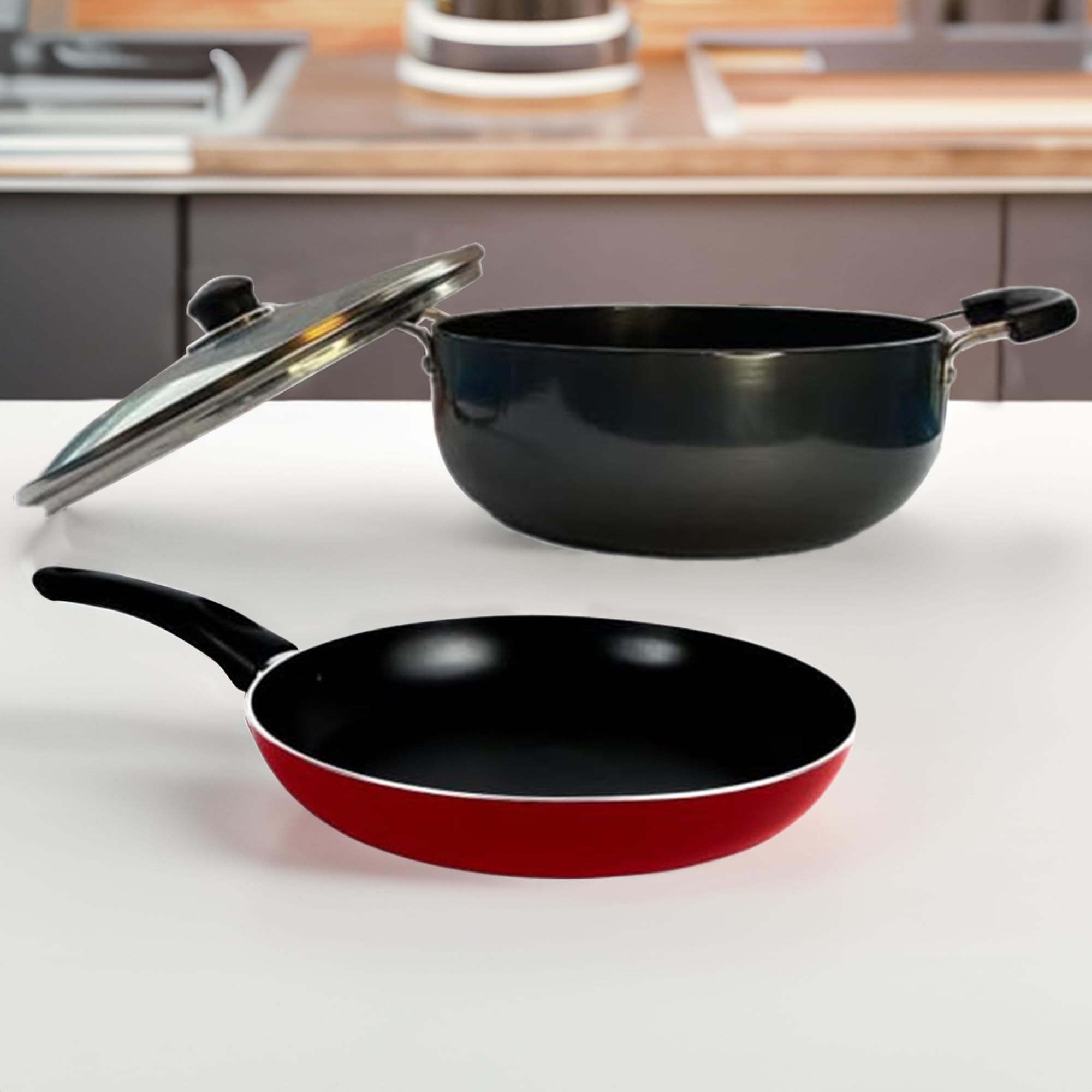 USHA SHRIRAM Non Stick Cookware Set - Fry Pan 26 cm & Kadai 4.4 litres | Induction & Gas Kadai with Glass Lid | Scratch Resistant | Anodised Aluminium Kadai | Sturdy Handles- Kitchen Set for Home (B0CGXMJX6L) Amazon Price History, Amazon Price Tracker