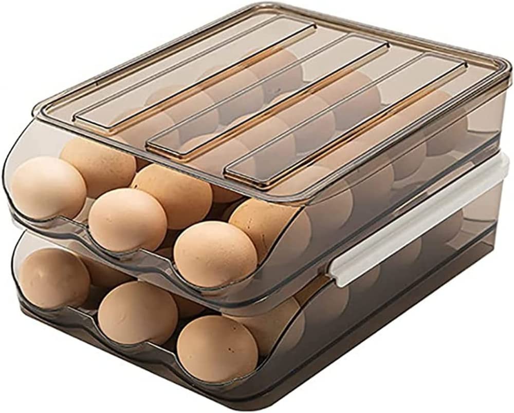 , Soporte de Huevos de rodamiento automático para refrigerador, organizadores de frigorífico y Caja de contenedores de Almacenamiento, Bandeja de Ahorro de Espacio (Dos Capas)