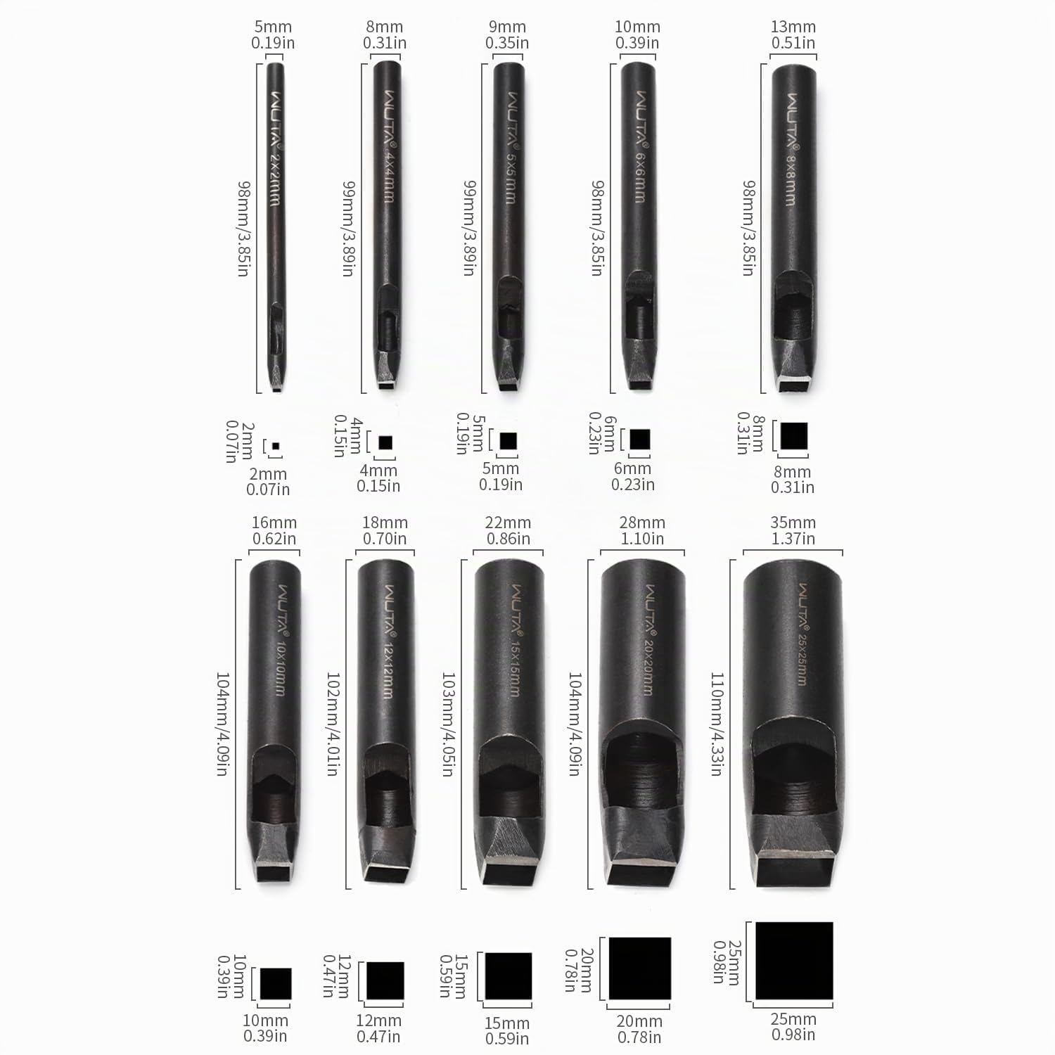 WUTA Quadratische Lochstanzer Leder, 10-teilige Kohlenstoffstahl Locheisen Set Für Gürtel, Uhrenarmbänder, DIY Lederhandwerk(2 * 2-15 * 15mm)