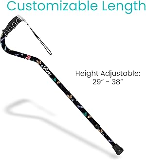 Vive Walking Cane Portable Adjustable Offset Balance Stick Lightweight & Sturdy Mobility Walker Aid For Arthritis Elderly Seniors & Handicap One Size Black Butterfly