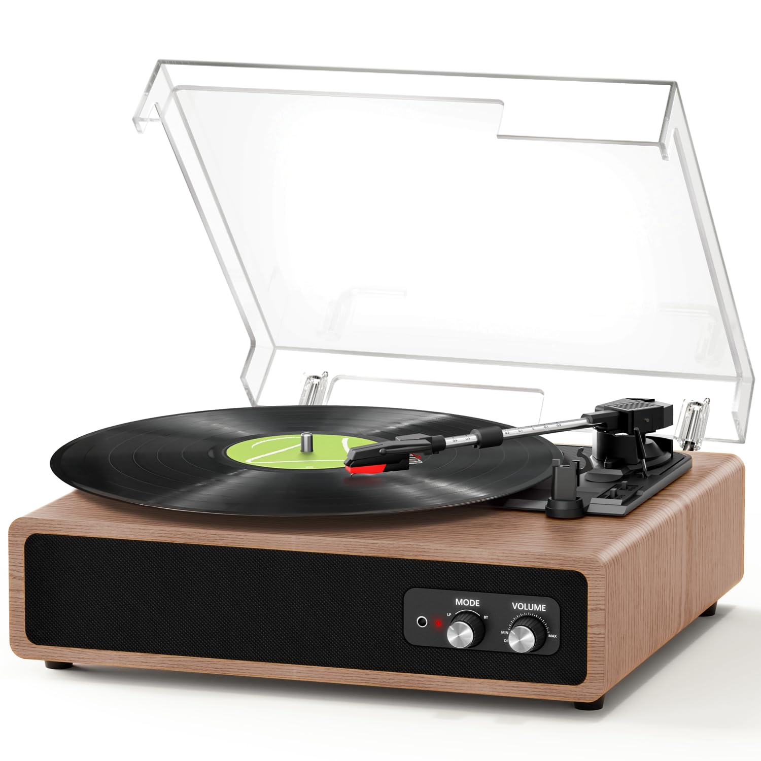 FYDEE A7 Turntable playing a record, showing compatibility with 7, 10, and 12 inch records and a 45 RPM adapter
