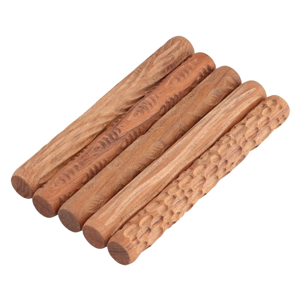 5 rodillos de patrón de modelado de arcilla, hojas de pescado de grano de madera, adoquines y texturas onduladas, rodillos de mano de madera para manualidades de cerámica, herramientas de escultura