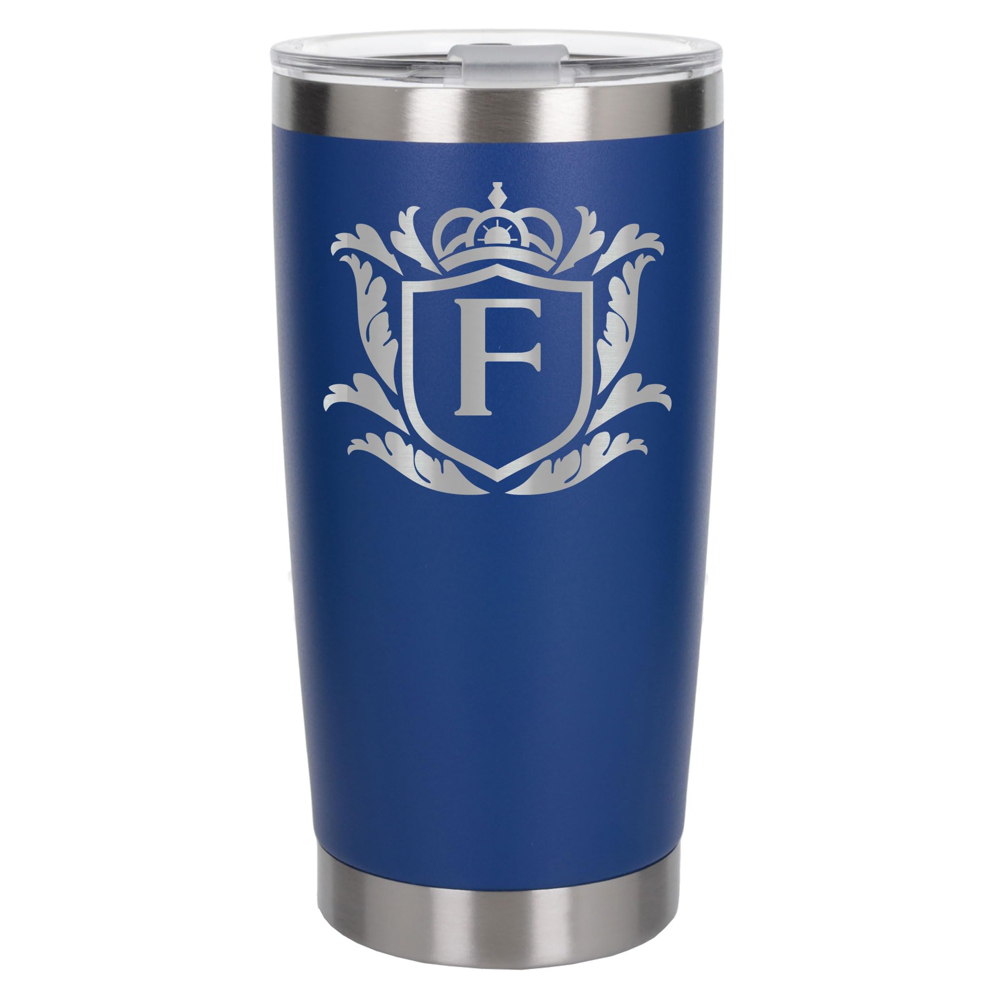 Customised Gifts 500ml Engraved Shield Initial Monogram Insulated Personalised Dark Blue Travel Mug for Men and Women - Personalised Initial Coffee Travel Mug for Hot and Cold Beverages, Letter F