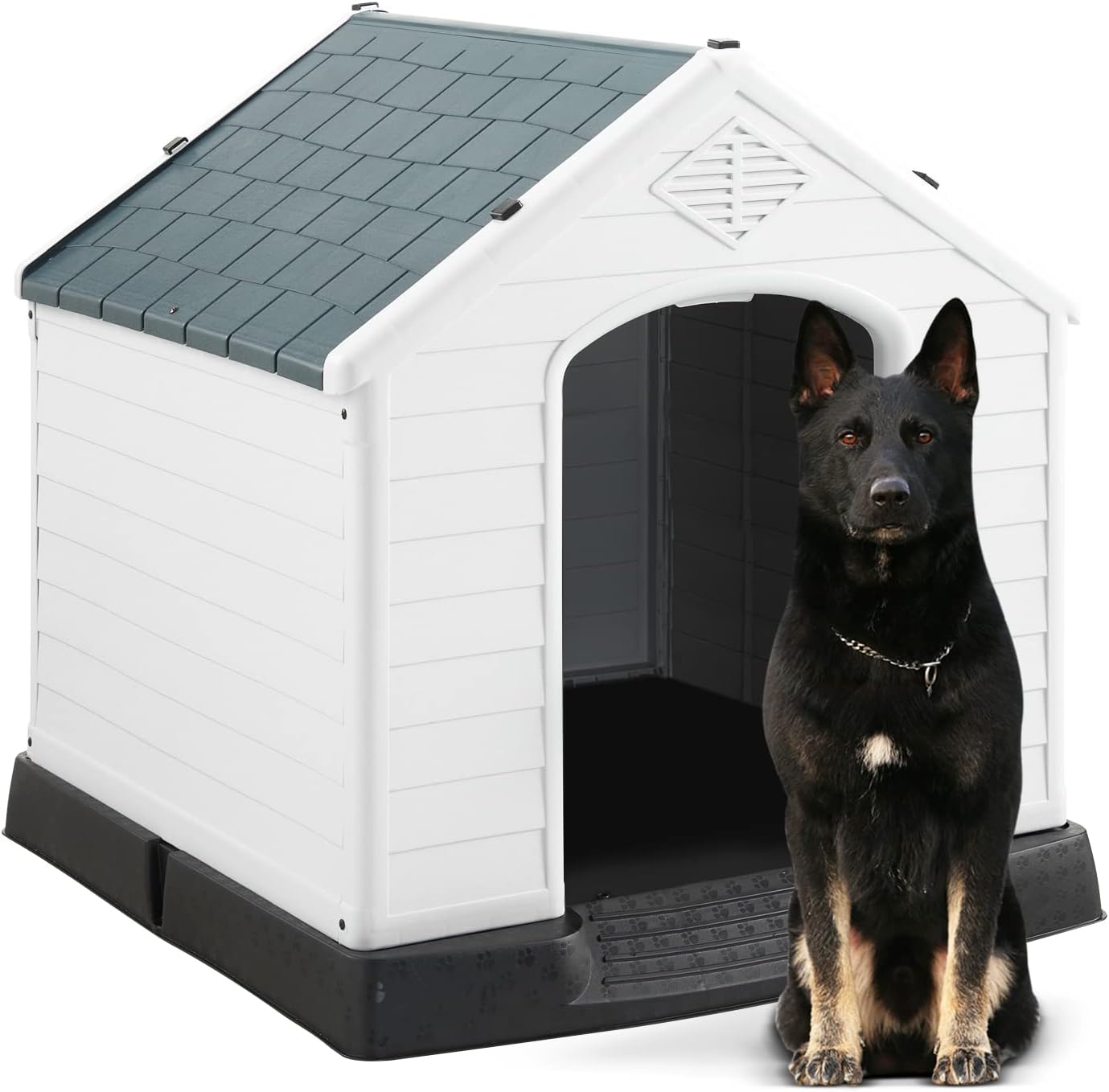 Plastic Outdoor Indoor Dog House for Medium Dog, Insulated Water-Proof Kennel with Air Vents Elevated Floor, Durable,Easy Assemble and Clean, Gray, 32'' (PPDH01)