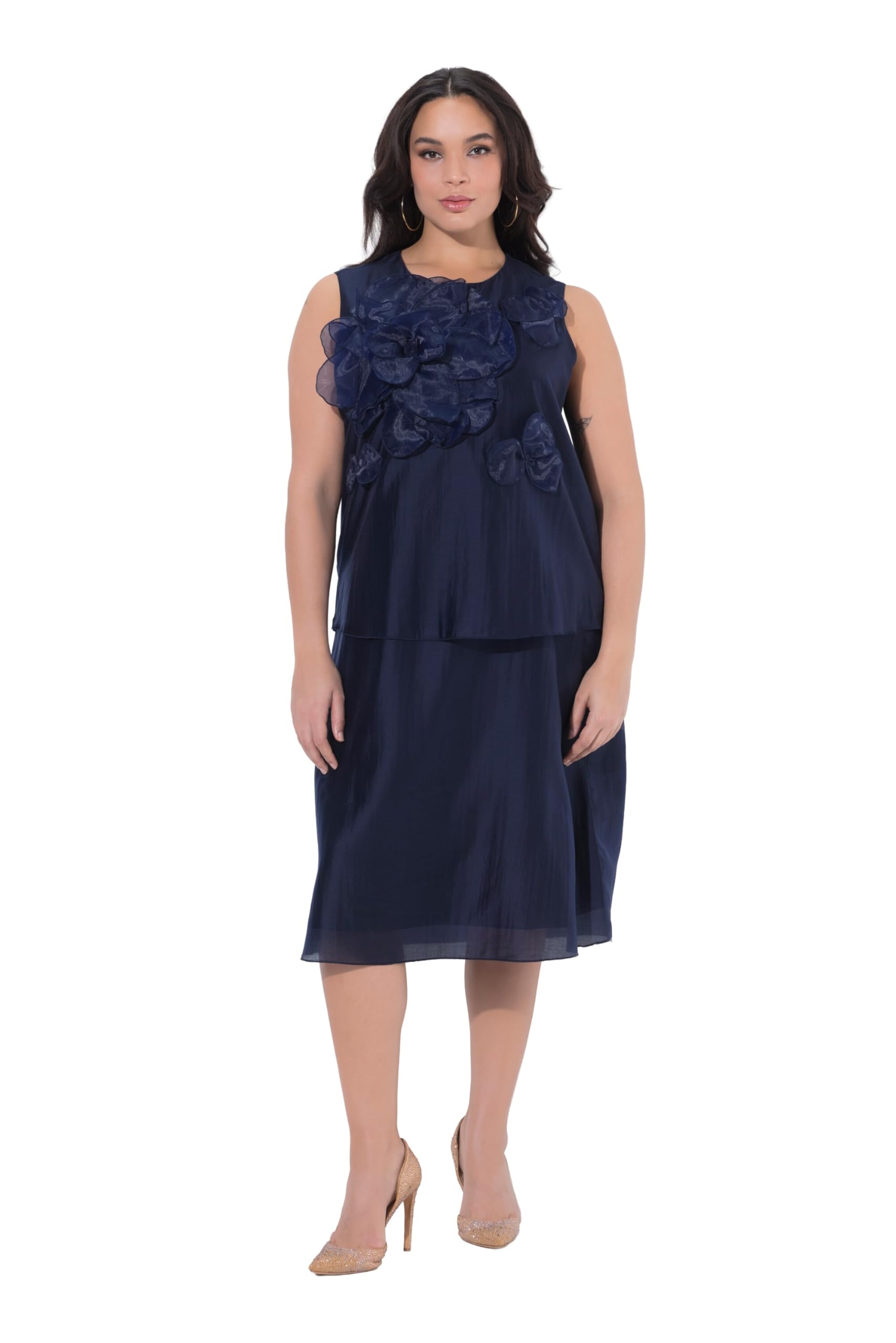 Ulla Popken Damen große Größen Übergrößen Plus Size Chiffon-Midikleid, Blüten-Applikation, Rundhals, ärmellos 847918