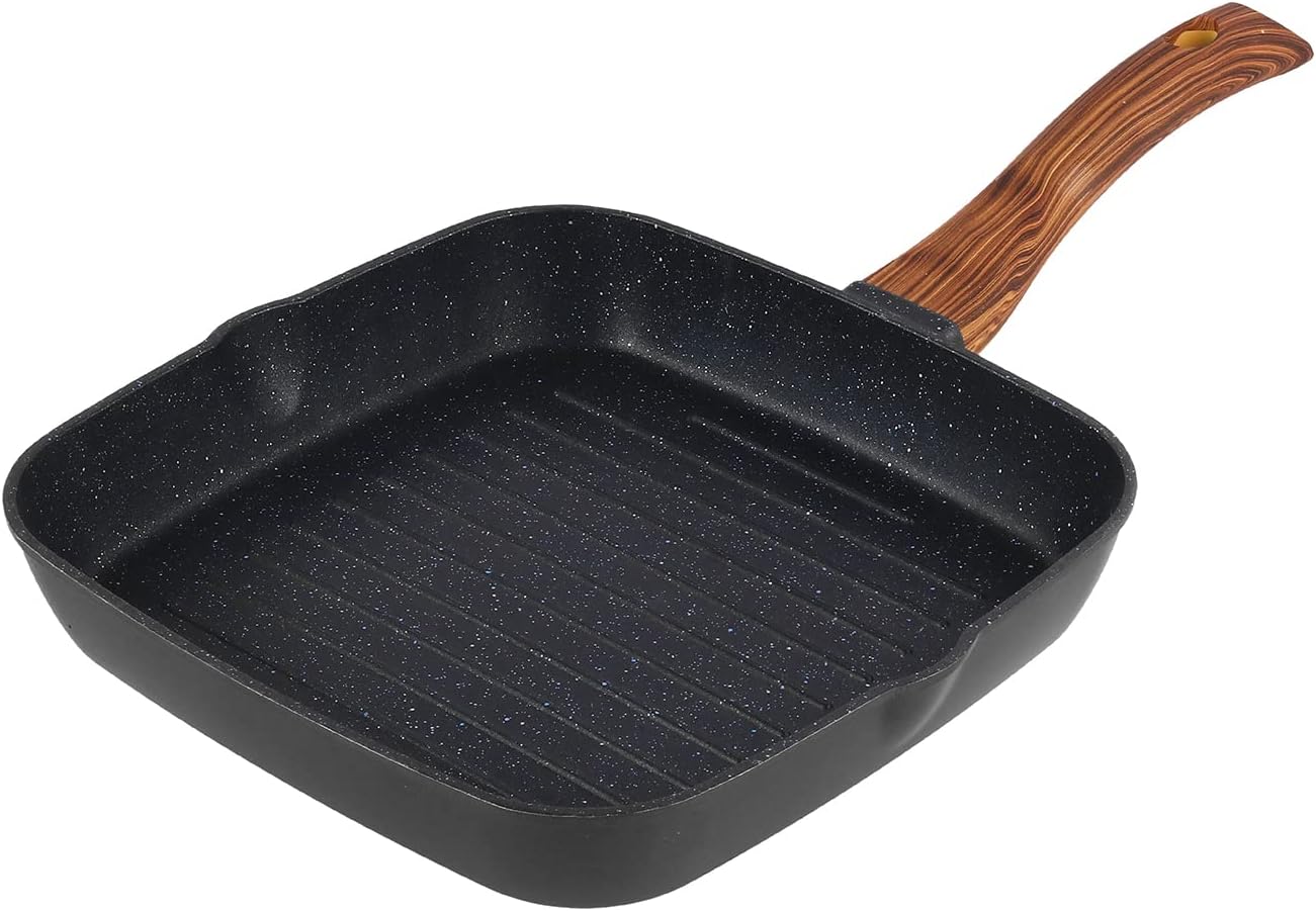 Vinod Zest Plus Die Cast Aluminium Grill Pan - 24 cm | Barbeque/Tandoori | 5mm Thick | 5 Layer Coating| Wooden Finish Handle | Induction & Gas Base |