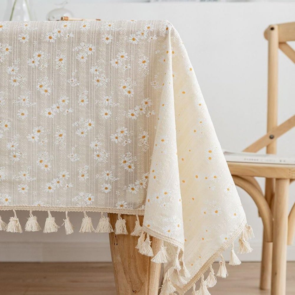 Bawełniany kwiatowy obrus mała stokrotka wzór 140 x 200 cm obrus na stół z frędzlami t do dekoracji kuchni i jadalni herbata parowa stół