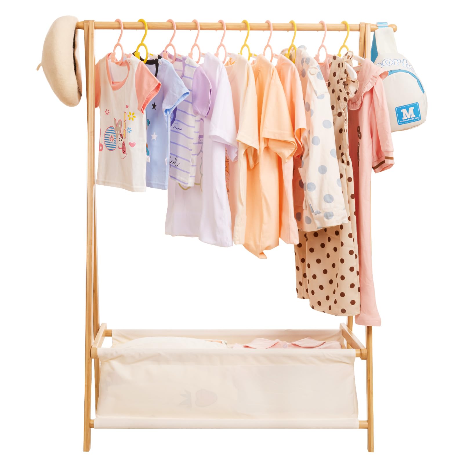 Yorbay Perchero para Ropa de Niños con Caja de Almacenaje, Perchero para Vestir, Perchero para Ropa de Niños con Varillas para Colgar, Pequeño y Plegable, Bambú