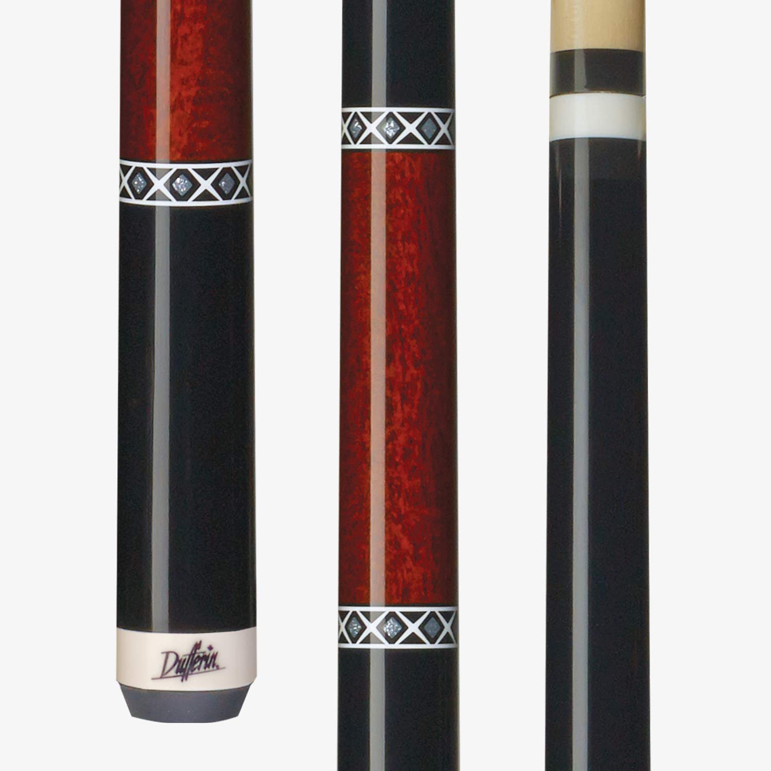 Dufferin D-241 Billiards Playing Pool Cue Stick Red Stained Curly Maple Wrapless Black Accent Bands Decorative Silver Ring Treatments