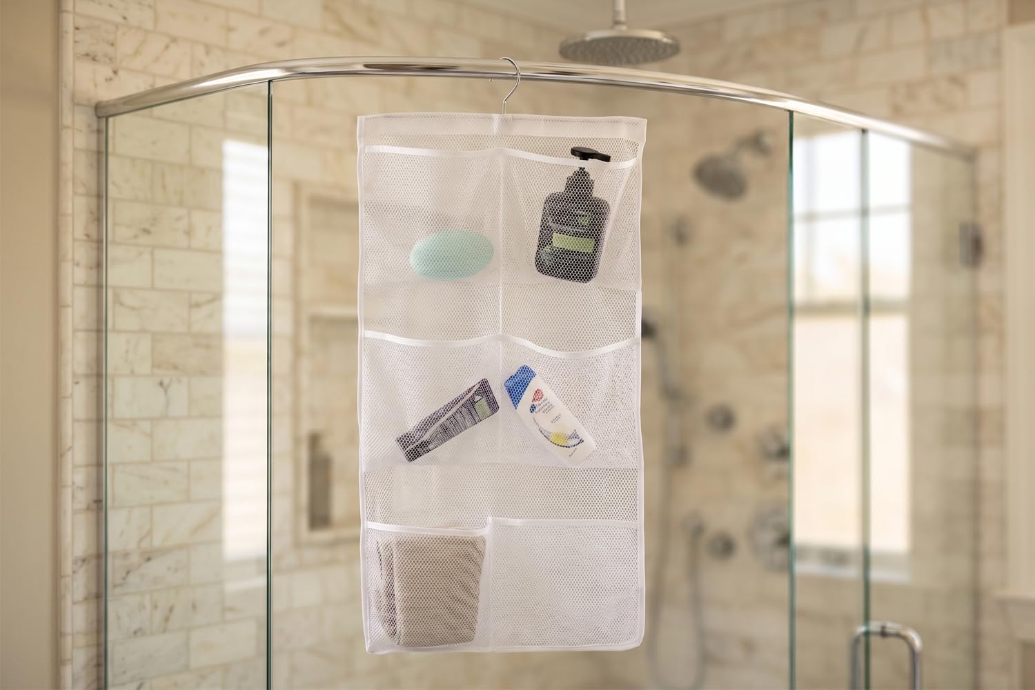 ALYER 6 Storage Pockets Hanging Mesh Shower Caddy,Space Saving Bathroom Accessories and Quick Dry Bath Organizer with Hanger,White image 5