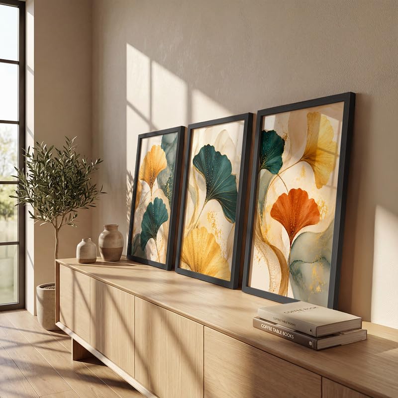 Image of NoWorries Abstract Ginkgo Leaf Wall Art Frames Set of 3 | Modern Botanical Look Paintings with Gold & Teal Leaves | Premium 300 GSM Prints in Synthetic Wooden Frames | Living Room, Bedroom, Office & Home Decor (BLACK, ART-16, 13X19INCHES)