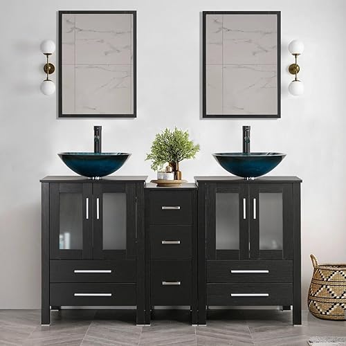 Miniatura 8 de Vanidad de baño negra de 60 pulgadas, doble tocador, lavabo redondo de vidrio, grifo ORB, piezas de drenaje, diseño superior de tocador de baño +