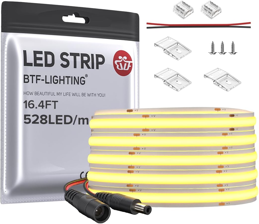 FCOB COB LED Strip 528LED/m Flexible High Density Uniform Light 14W/m 16.4FT DC24V Warm White 3000K CRI 90+ 10mm Width for Home Indoor Decoration(No Adapter or Controller)