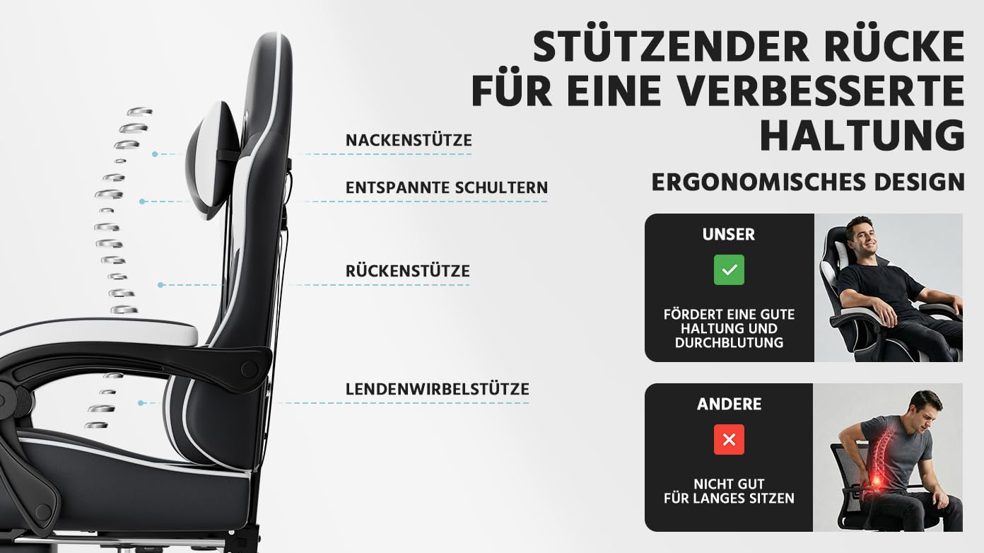 Silla ergonómica para videojuegos, con reposapiés, reposabrazos ajustables, silla de oficina ergonómica con soporte lumbar, color negro y blanco