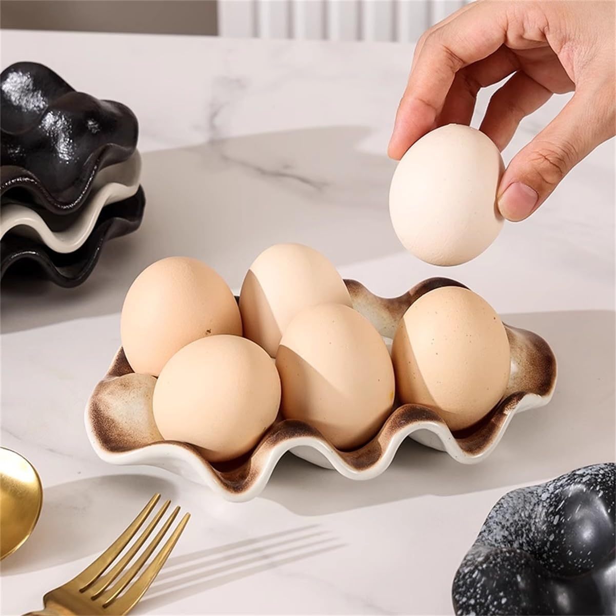 Egg Tray, Handmade Ceramic 6-Slot Creative Decoration Living Room Storage Tray for The Key, Ring and Jewelry, 2 Pieces ﻿ ﻿(E)