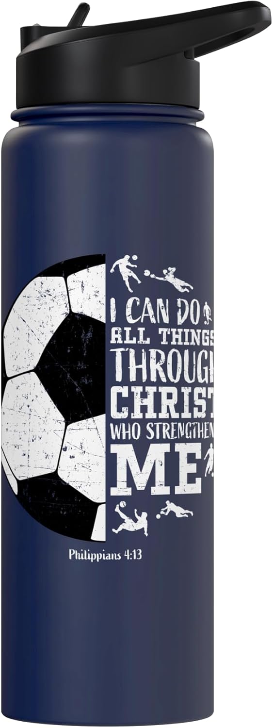 Christian Soccer Faith Graphic Bible Verse Philippians 4:13 Stainless Steel Insulated Water Bottle
